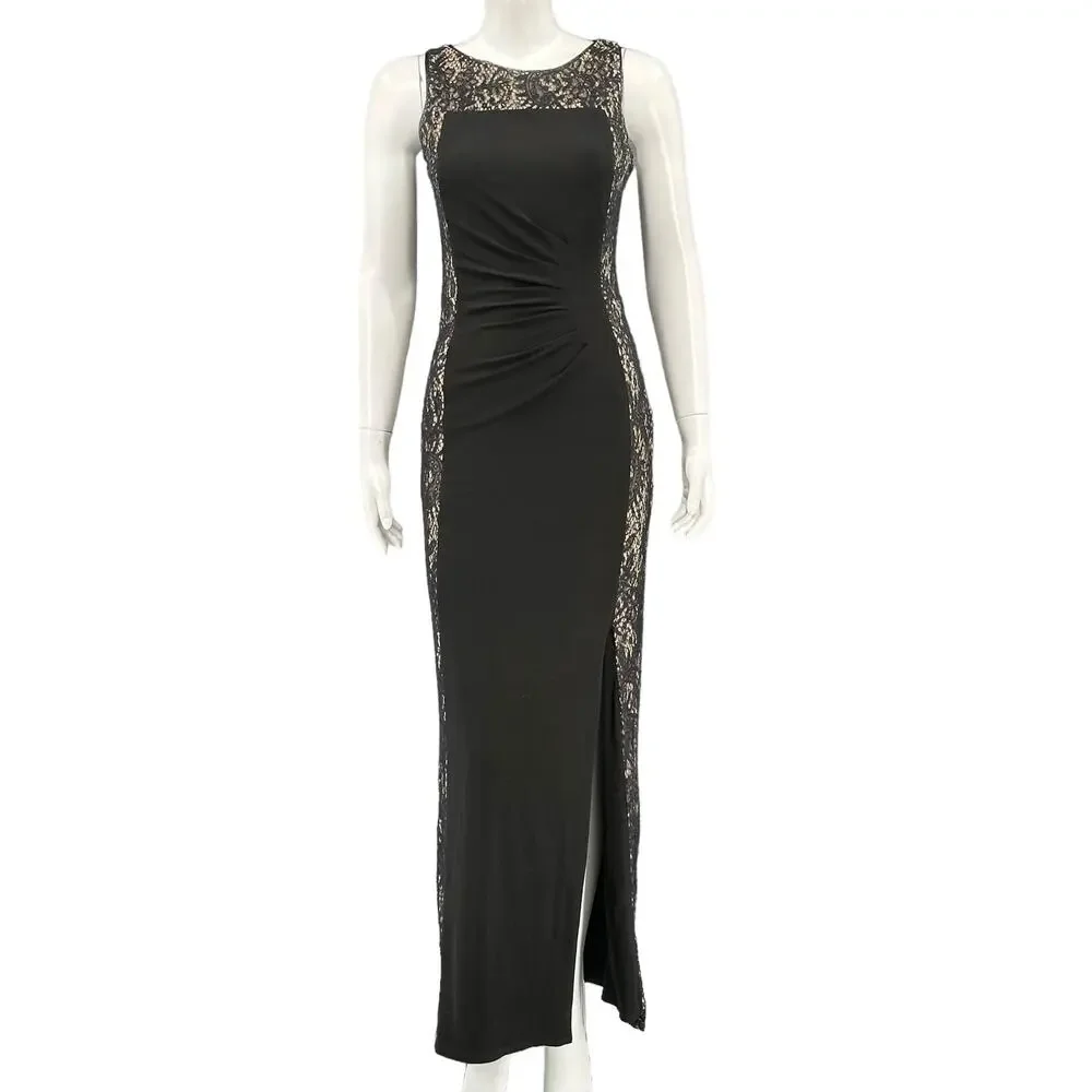 Betsy & Adam Black Lace-Panel Evening Gown - Elegant Long Dress